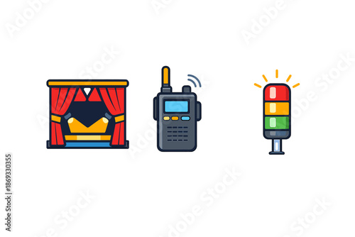 Theater, walkie-talkie, and traffic light icons