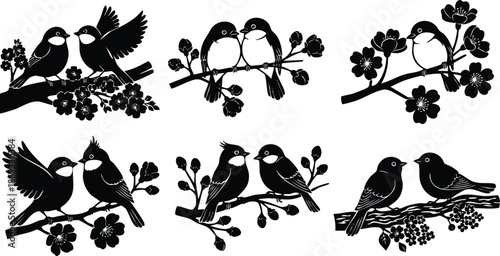 Black silhouette vector art of six pairs of small birds perched on blossoming tree branches showing bird wings movement close up nature scene isolated on white background