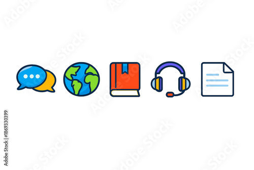Collection of five colorful icons on a blurred background