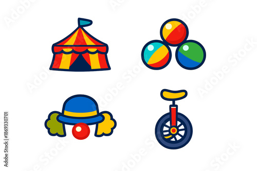 Circus icons: tent, juggling balls, clown face, unicycle