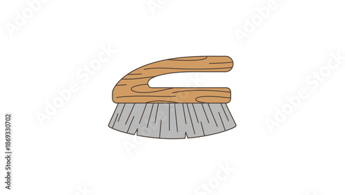 A wooden handle brush with gray bristles for cleaning and scrubbing purposes