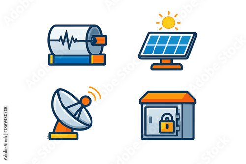 Set of four flat icons representing science, technology, and security