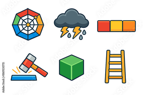 Collection of colorful flat icons with glowing effects