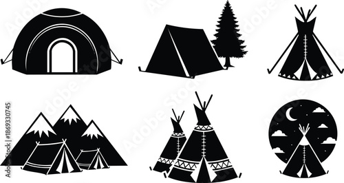 Black silhouette camping tents and teepees with mountains trees and night sky vector flat design set of outdoor shelter icons
