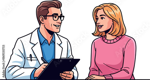 Illustration of a male doctor talking to his blonde female patient, isolated on white background