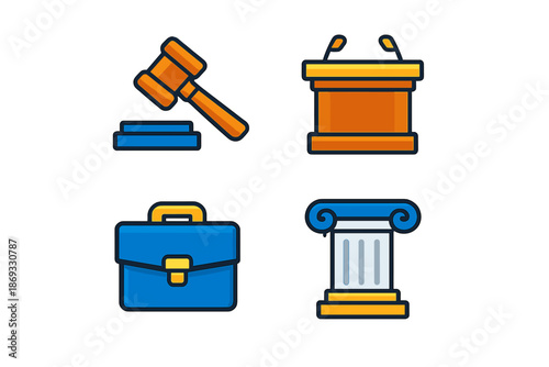 Law icons set with gavel, podium, briefcase, and column