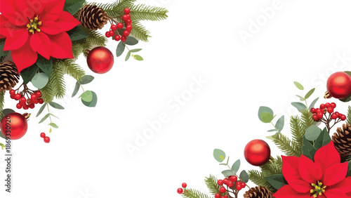 Festive Christmas corner border with red poinsettias, fir branches, pine cones, and shiny red ornaments on white.
