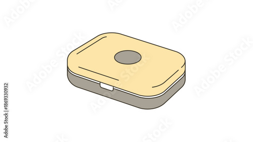 A simple illustration of a rectangular container with a circular indentation on its lid