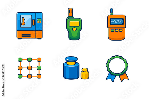 Collection of six digital icons with a blue and orange theme