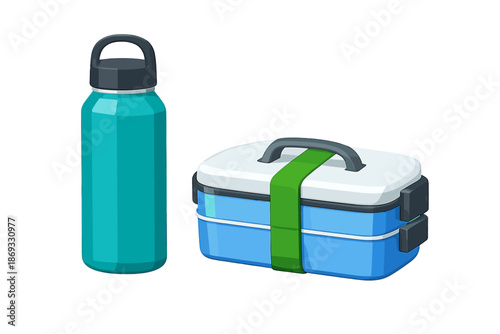 Turquoise water bottle and blue lunchbox