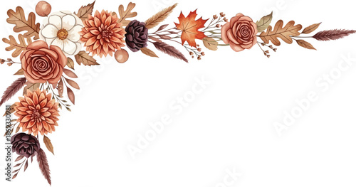 Elegant Autumn Watercolor Floral Corner Border with Roses, Dahlias, and Fall Leaves on White Background