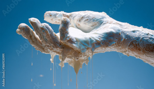 An processor architecture with smooth, creamy white lotion being poured onto the skin, highlighting texture and fluidity against a clear blue sky