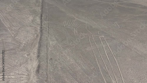 AERIAL of the Nasca lines (Lizard) in the desert of Peru