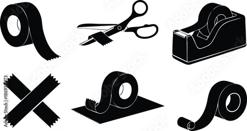 Minimalist black tape rolls scissors cutting piece sticky tape roll in dispenser cross crossed pieces isolated on white background vector art