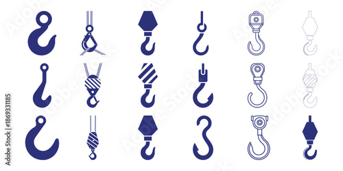 Collection of dark blue crane hooks and lifting equipment industrial