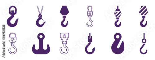 Collection of purple crane hooks and an anchor white industrial
