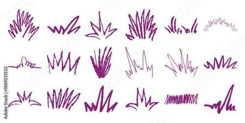 Collection of purple hand drawn grass tufts and abstract strokes