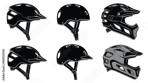 Bicycle helmet silhouettes set, mountain bike head protection, extreme sports safety gear, cycling accessories, motocross and skate helmet vector collect