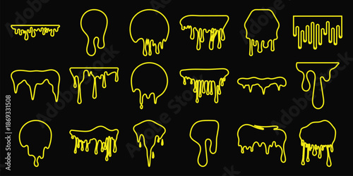 Collection of yellow dripping shapes black liquid fluid