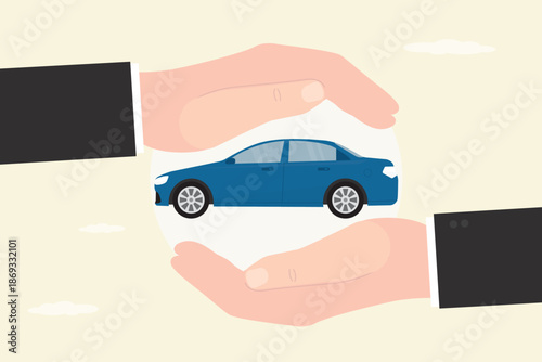 Car insurance. Agent or driver hands covers and protects automobile. Insurance policy. Car assurance, hands protecting modern blue auto