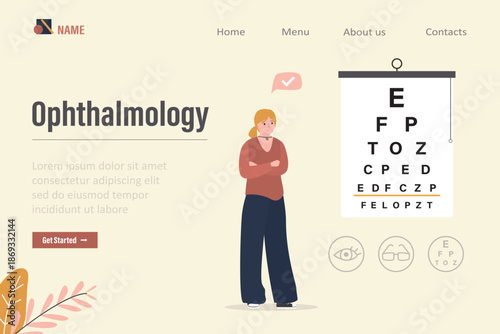 Ophthalmology, landing page template. Measure visual acuity of patient. Young adult checking eyesight with eye test chart. Woman diagnose ophthalmic problem in clinic.