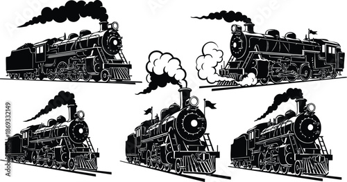 Detailed vintage steam locomotive vector set showing multiple angled old train engines with smoke plumes puffing in black and white classic transport illustrations