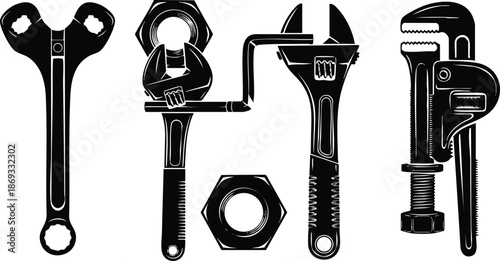 Black silhouettes of open end wrench pipe wrench adjustable wrench hex nut and monkey wrench vector tool icons isolated on white background collection