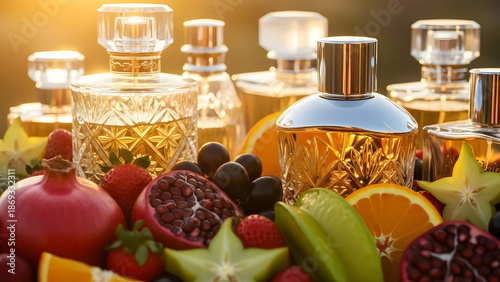 Fragrance Bottles with Fruit Against Sunlit Background