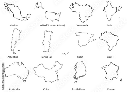 World countries map outlines set isolated on transparent background, United States, Mexico, Brazil, Argentina, Venezuela, India, China, South Korea, Spain, Portugal, France, black contour silhouettes