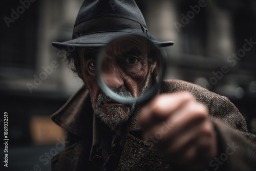 Man in a trench coat and hat looking intently through a magnifying glass, focusing on detection and searching for answers