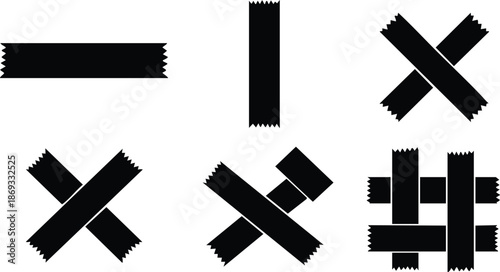 Black adhesive tape icons in six different shapes including cross strips vertical horizontal and woven style isolated on white background vector art