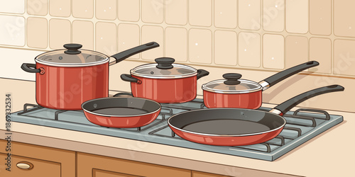 Cooking pots vector illustration, stockpot, frying pan, saucepans, stove setup, kitchen essentials