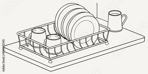 Dish rack vector illustration, plates, cups, drying area, kitchen counter, clean arrangement