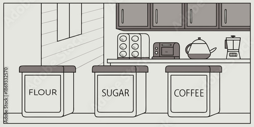 Kitchen jars vector illustration, flour, sugar, coffee, neatly labeled, modern kitchen storage