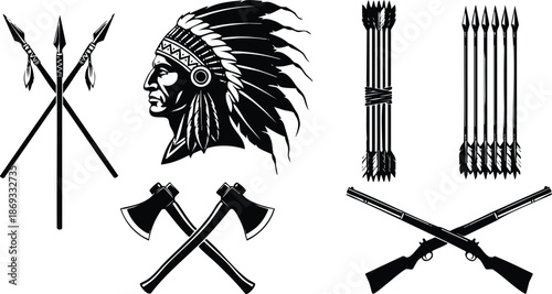 Black silhouette design of native american chief with feather headdress crossed axes and rifles with spears and arrows in flat style isolated on white background