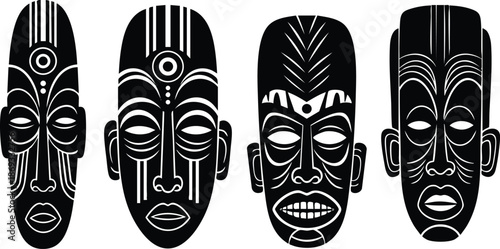 Black and white vector art four traditional tribal masks with distinct patterns and facial decorations symmetrical designs isolated on white background ethnic cultural symbols set