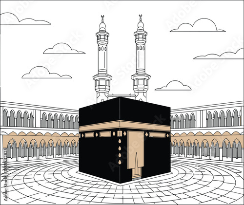 Kaaba in Mecca with mosque minarets, courtyard arches, sacred Islamic architecture, religious pilgrimage destination, stylized clouds background, flat vector
