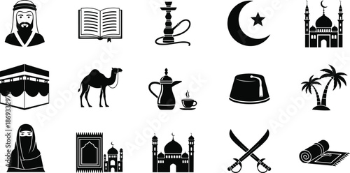 Islamic icons including Kaaba, mosque, Quran, crescent moon, prayer rug, hookah, camel, traditional attire, cultural symbols, silhouette style, flat vector