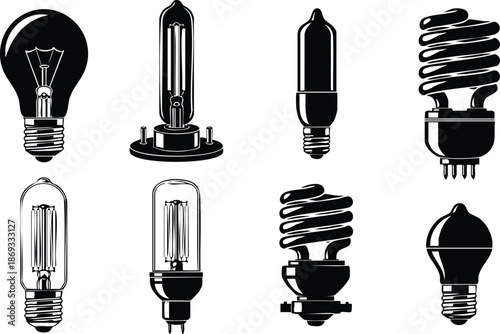 Black and white vector art set showing various vintage and modern light bulbs multiple filament types detailed isolated on white background technical design elements