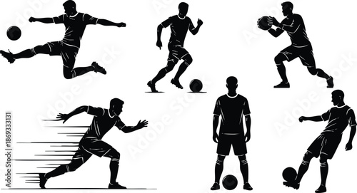 Dynamic black flat design football soccer players in various actions running kicking holding ball standing frontal view isolated against white background modern minimalist style