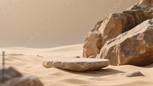 Desert-style e-commerce product display stand background material, the stone display stand and sand environment create a natural texture display scene.