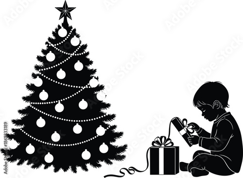 Christmas tree with ornaments and star, child opening gift box, festive holiday scene, silhouette style, joyful moment, flat vector