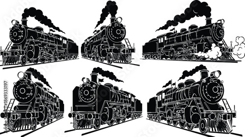 Vintage steam engine trains in black and white vector art with smoke plumes viewed from multiple angles dynamic moving railway transportation illustration