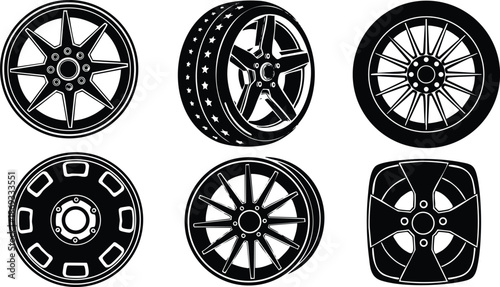 Black and white vector art showing six different car wheel rim designs top view detailed thin and thick spokes variety with circular and square shapes isolated on white background