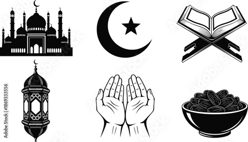 Ramadan icons including mosque, crescent moon, Quran, lantern, prayer hands, dates bowl, Islamic culture and worship symbols, flat vector