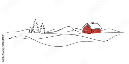 Minimal winter landscape illustration in continuous line style with red house and snowy hills representing peaceful countryside scene