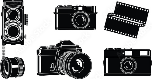 Black and white vector art of vintage cameras and film roll isolated collection with wide angle lens detailed silhouette collection in minimalist style