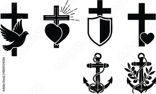 Minimalist black silhouette religious symbols set featuring dove with cross heart with cross shield with cross and heart anchor wrapped in rope anchor with olive branch vector illustration