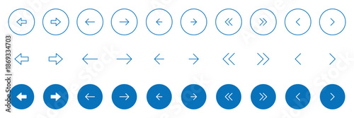 Arrow buttons icon set. Arrow icons set. Website slider navigation symbols. Next and previous rounded buttons for app. Blue arrow buttons isolated and outline vector illustration.