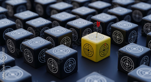 One yellow cube with a red dart stands out among many dark cubes with targets